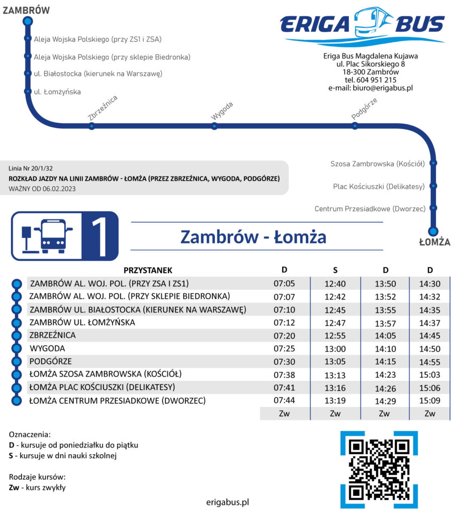 Rozkład jazdy - trasa Zambrów - Łomża